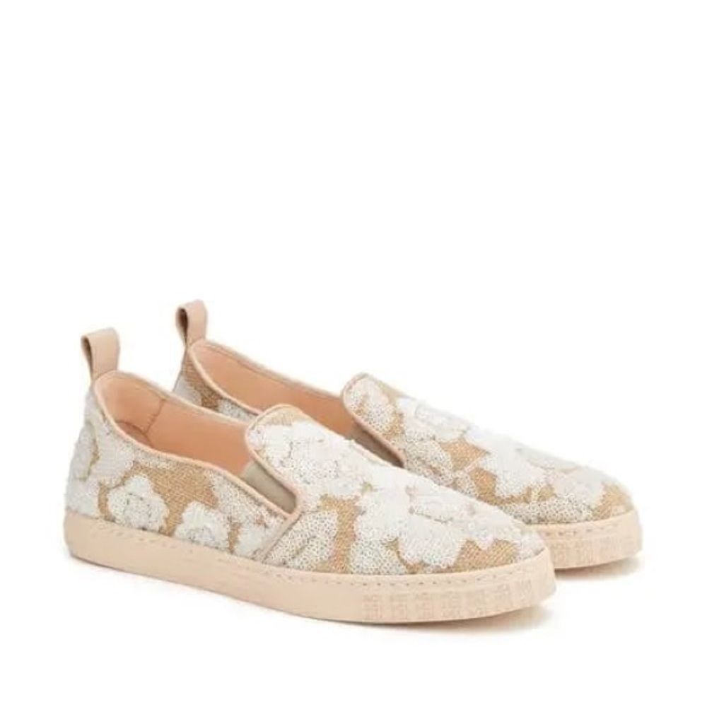 Agl Beige and White Floral Sequin Slip-On Loafers